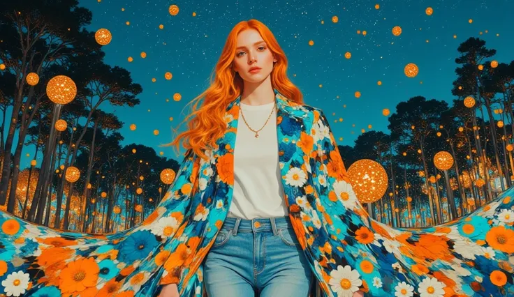 surreal fantasy, acrylic, Linda garota com cabelo longo e ondulado, jeans, t-shirt and a lightjacket, street wear cloths, wal...