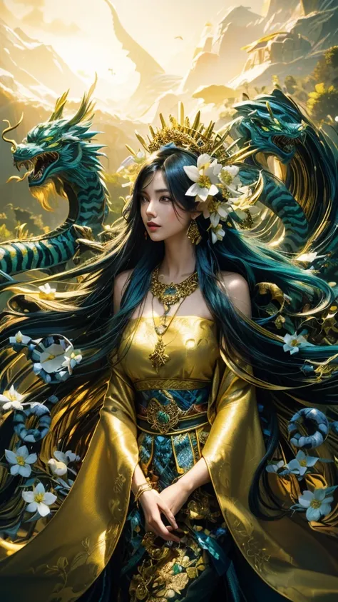 realistic image of a beautiful woman with long hair straight smooth color bright blue color, blown in the wind ,crowned with gol...