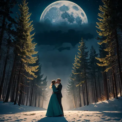 Wide angle, detailed recreation of a forest shrouded in fog(Up to 1 meter high ). big full moon and clear starry sky , Bare Tr...