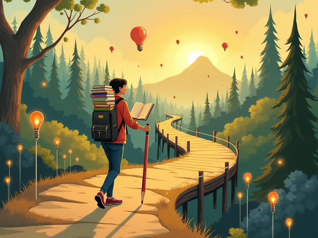 "Illustrated book cover in a warm, narrative style. A person walks along a winding path that crosses symbolic landscapes: a fore...
