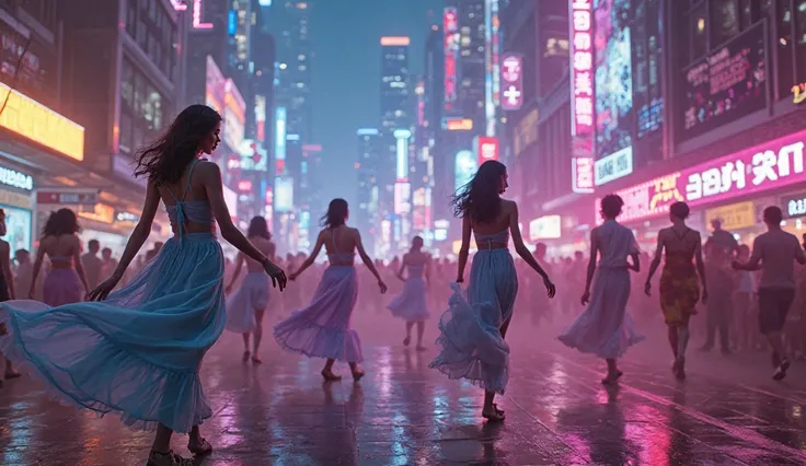 "Neon-lit cyberpunk city at night with people dancing in slow motion, pulsing lights synced to beat"

