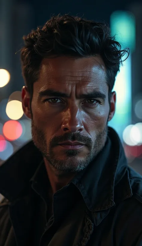 Close-up of male face with direct eyes, blurred urban night background, dramatic lighting, Thriller style, Confident expression,...