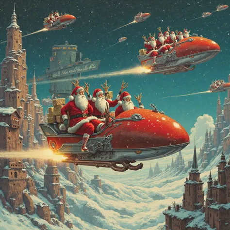 A retro-futuristic Christmas scene set in a sci-fi version of Earth. A fleet of high-tech sleigh-shaped vehicles hover over a gl...