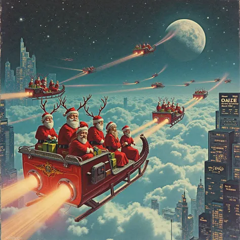 A retro-futuristic Christmas scene set in a sci-fi version of Earth. A fleet of high-tech sleigh-shaped vehicles hover over a gl...