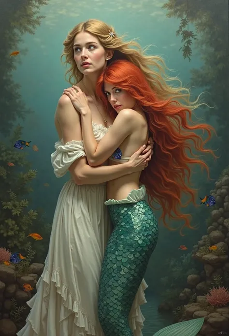 Female Renaissance painting embracing Ariel the Little Mermaid