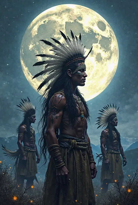 Make some legendary and very beautiful indigenous warriors in the background behind the moon