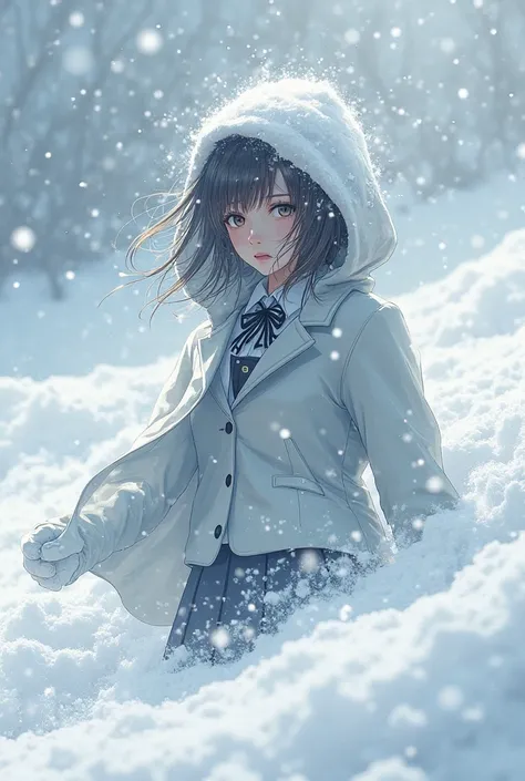 While the blizzard is raging、a picture of a girl in a blazer uniform frozen white and buried in snow Snow is piled up on the gir...
