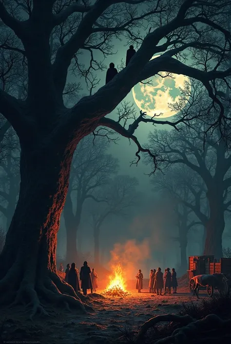 Build an image according to the following text: "Ao fundo, among the branches of a tall tree, are two vampires watching the scen...