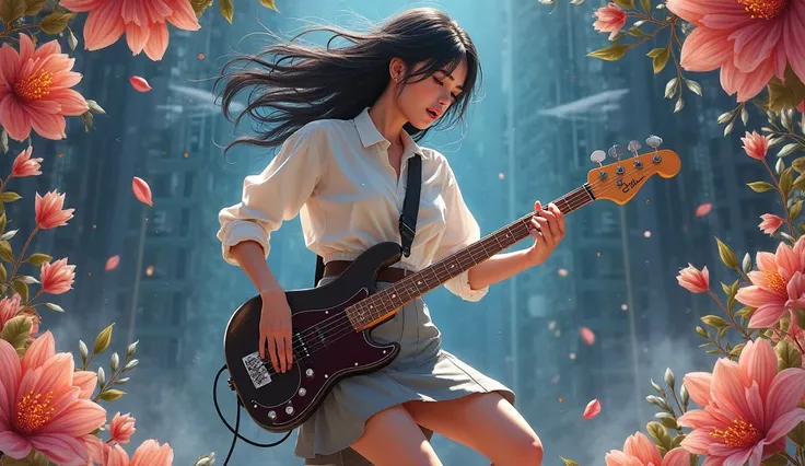 Real,18 years old, tall, Fair-skinned, medium breasts, bass guitar on the stage above the building, In space , High Neck , white...