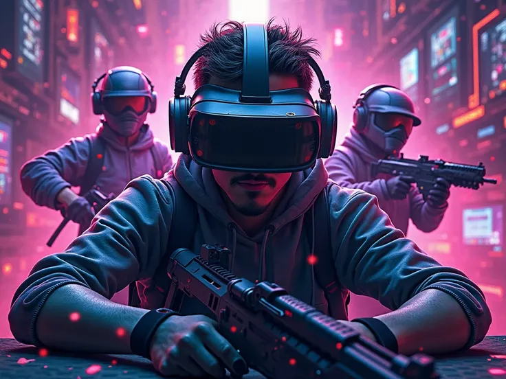 CREATE A YOUTUBE COVER WITH A GAMER BACKGROUND WITH FPS STYLE OR VARIOUS GAMES AND WITH HIGHLIGHTED BLACK AND PURPLE COLORS