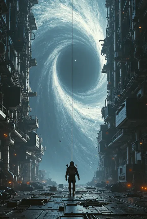 An astronaut on the side of a gigantic space station held by a rope and a black hole far back there.