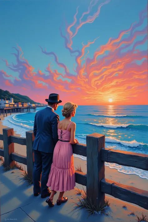 Impressionist Style , Van Gogh style , Coney Island , leaning against a wooden sidewalk railing by the sea, sunset o...