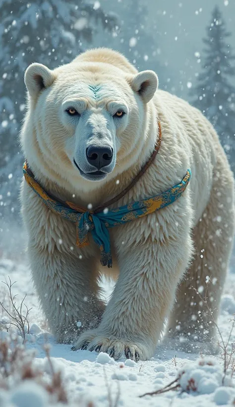 photo 8K Ultra HD, ((Masterpiece, best quality)), extremely Realistic. Mighty russian polar bear like a man in sapphire loinclot...