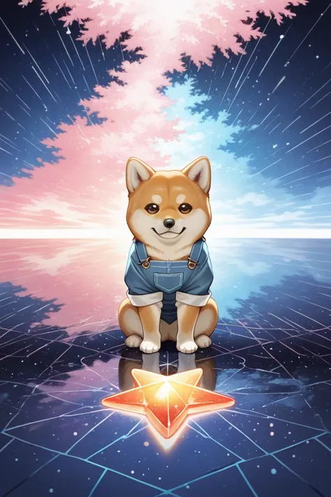 A single Shiba Inu sits calmly in the center, surrounded by vibrant flowers in red, pink, orange, and white. No humans should be...