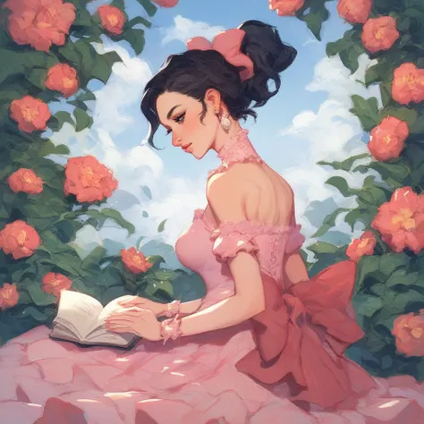 a cute woman in a light pink dress with frilly white accents, has black hair, wearing silver jewlery, has a high ponytail with a...