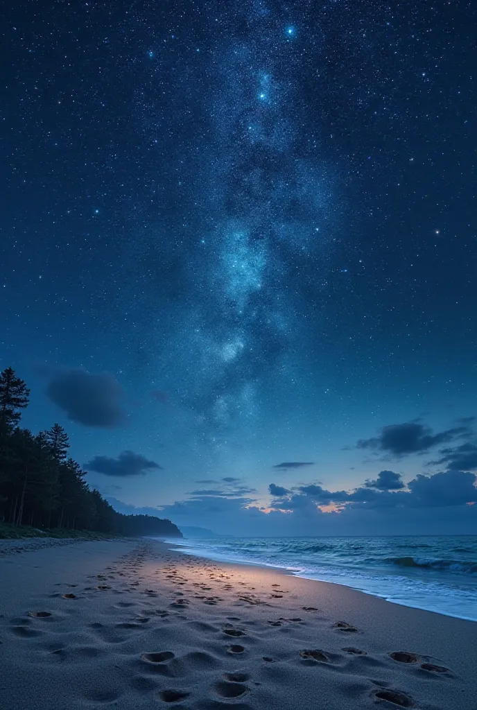 There are lots of stars shining brightly, and there is a beautiful sandy beach that sparkles underneath