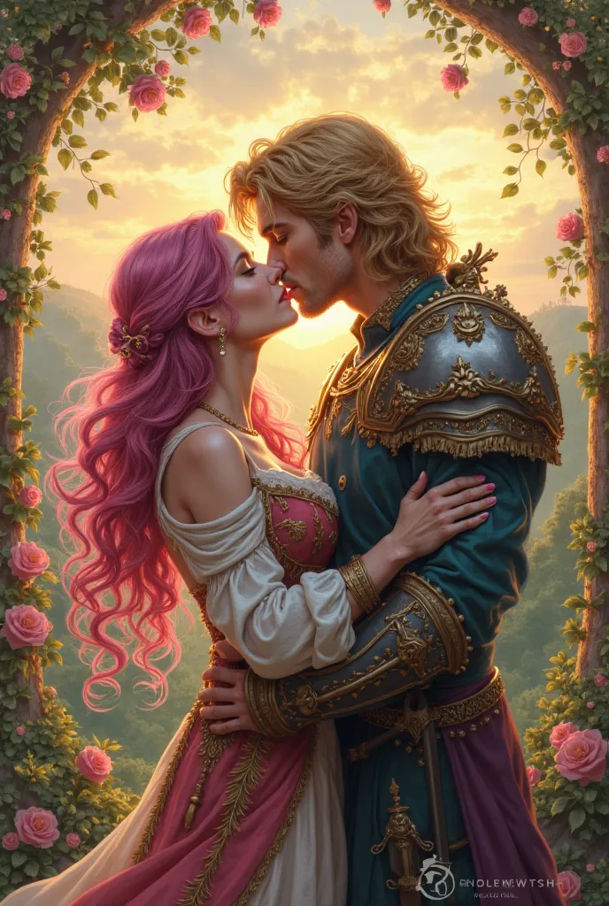Pink-haired girl dressed as a warrior kissing a tall blond prince