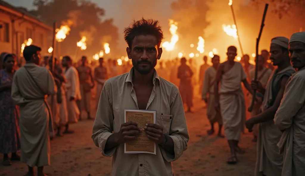 Ramesh young man gathers villagers – serious expressions, holding the DNA report.
Angry mob outside Baba Taranath’s ashram with ...
