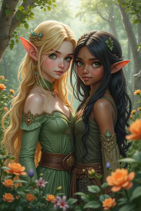 An elf girl with green eyes, blonde hair and white complexion and the other girl is a dark-haired human, dark brown eyes and dar...