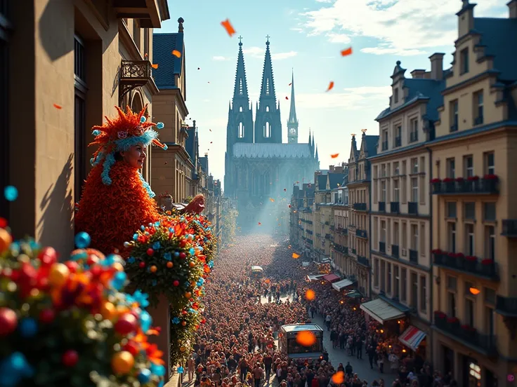 From the balcony of an old building in the heart of Cologne, a mesmerizing view of the bustling carnival procession unfolds belo...