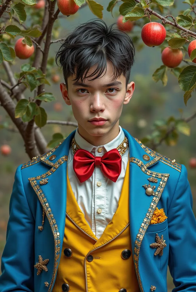 HD. REALISTIC. FULL BODY PICTURE. MAXIMALIST BLUE-YELLOW GANGSTER OUTFIT. RED BOWTIE. HANDSOME YOUNGTEEN ALBINOSKIN RUSSIANTEEN ...