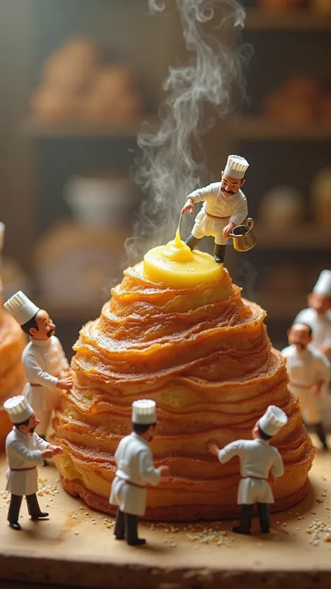 A whimsical scene unfolds in a bustling bakery where miniature chefs, dressed in traditional white uniforms and toque blanches, ...