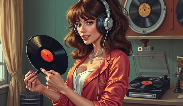 Create a highly realistic illustration of a young woman from the 1990s, dressed in the disco fashion of that era. She should be ...