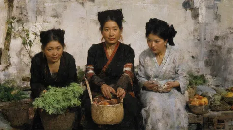 Group portrait,group portrait of old farmers selling vegetables,noisy vegetable market background, dyeing,painting,Dough, old Ch...