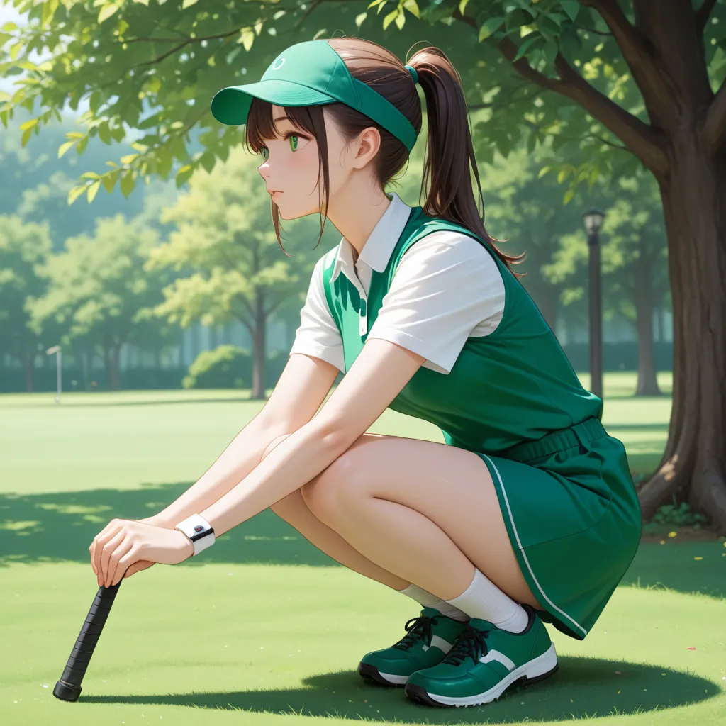 one girl、 Golf Green、crouching、ponytail、cute