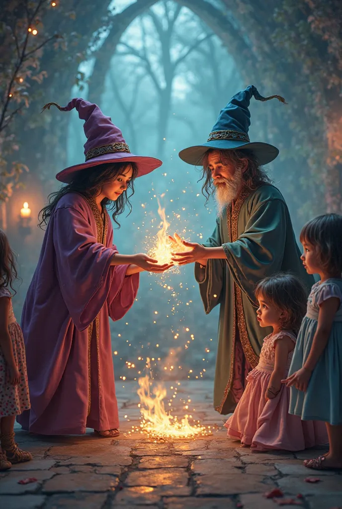 two magicians and four girls