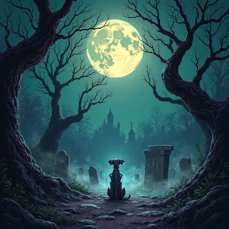 A gothic cemetery at night, illuminated by a glowing full moon in the background. Twisted, leafless trees surround the scene. Th...