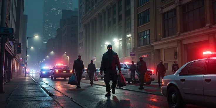 A bank surrounded by police cars in the middle of the night