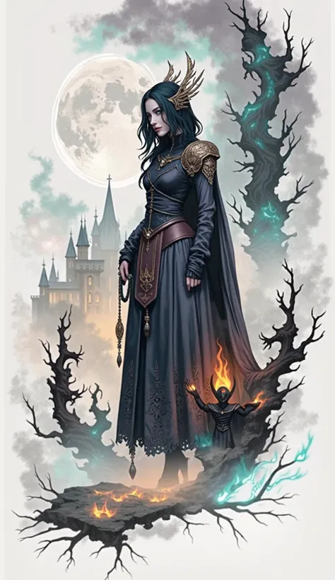 arafed image of a woman in a black dress standing in front of a castle, in the background are green flames and undead, she is a ...