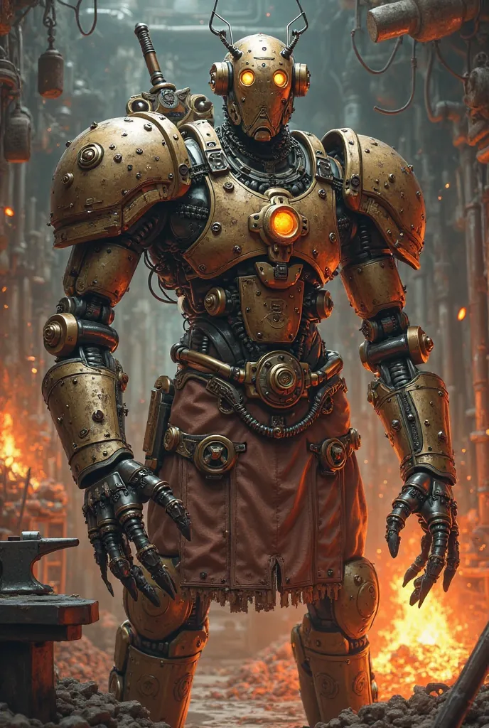 Steampunk robot with four arms dressed in a blacksmith's apron, anime style