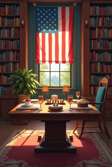 Library full of books in English, with the United States flag in the background and on top of the central table, cakes and board...