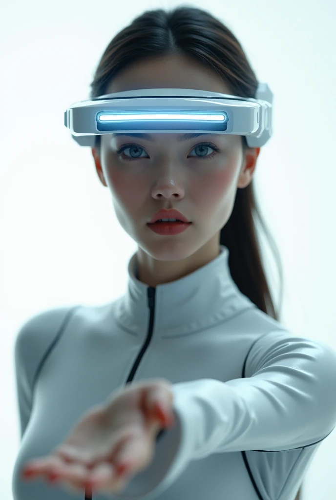 Create an AI character, a futuristic woman with AI lec glasses with her hand extended, highly detailed, ultra realistic, futuris...