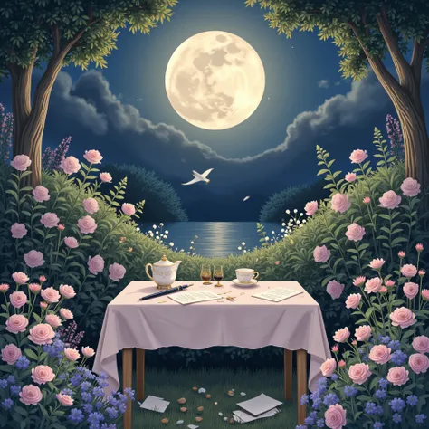“Create a soft, atmospheric illustration of a quiet garden at night under a glowing full moon. In the foreground, there's a vint...