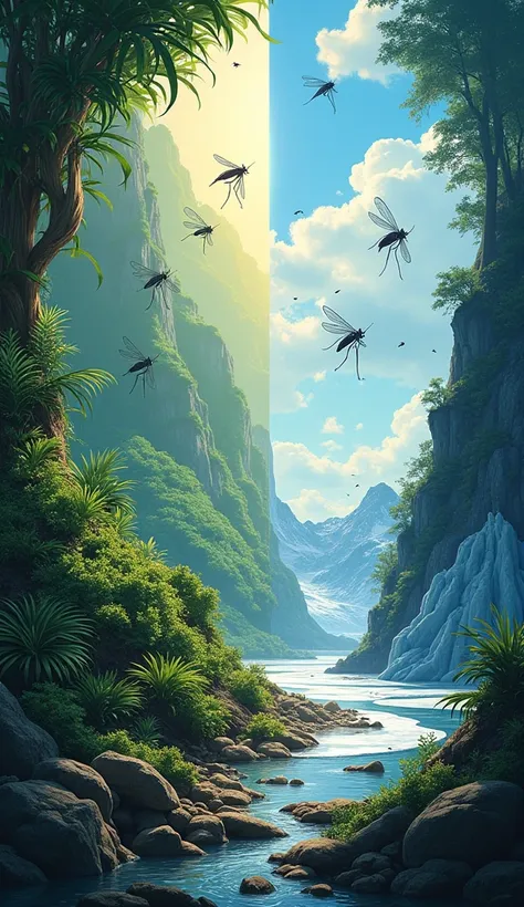 Halved illustration: on one side a rainforest full of mosquitoes, on the other icy Iceland without any insects, art style, contr...