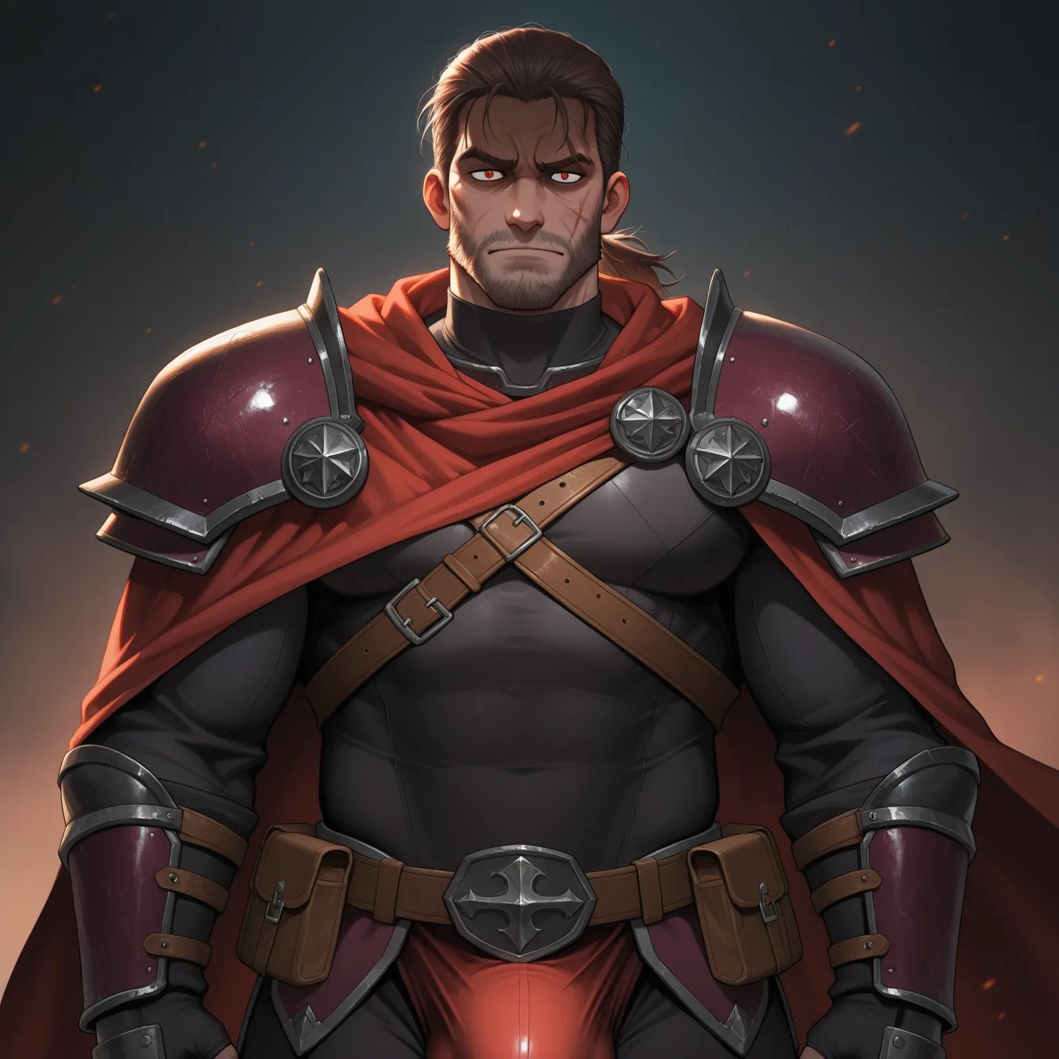 One man, mature, anime character art, tall, sharp eyes, short tousled dark brown hair, rugged face, faint scar over right brow, ...