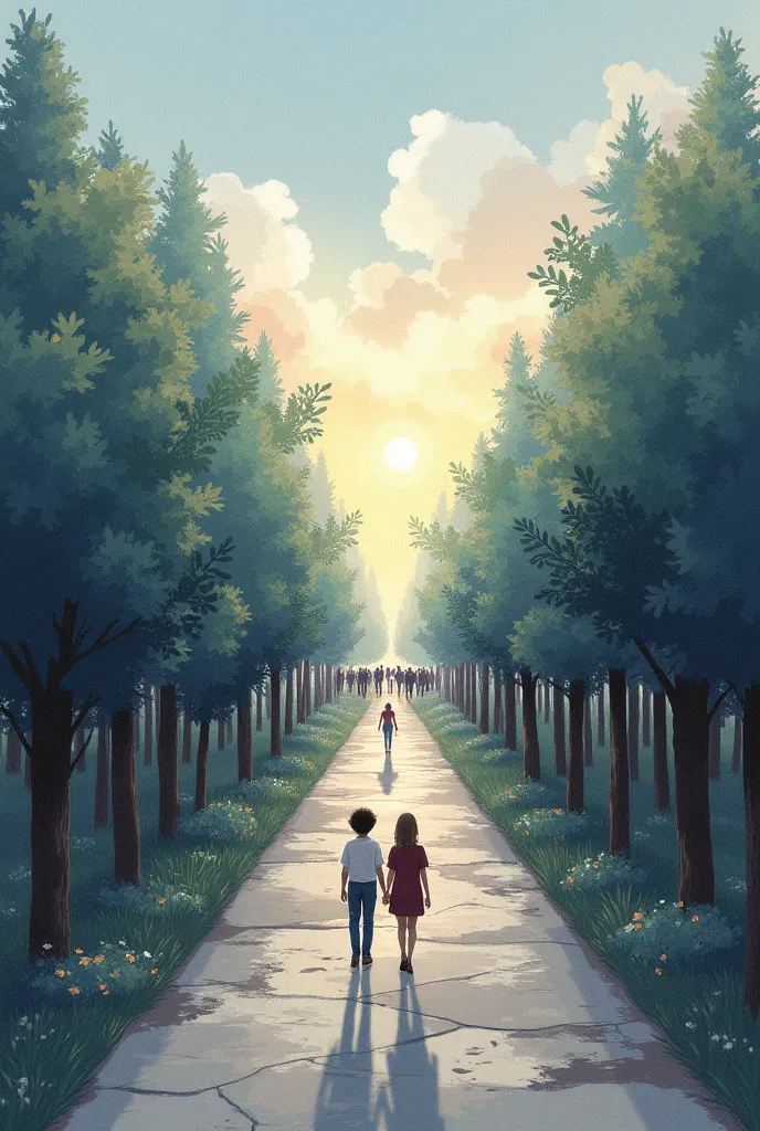 drawing of: a path divided into two.
On one side (the right, For example), many people with dull or controlled eyes walk in lin...