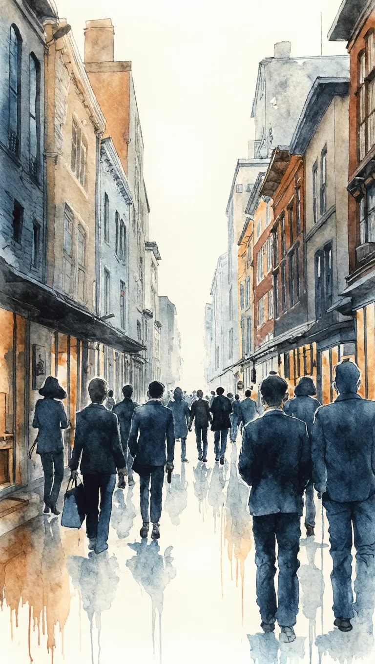 moody watercolor painting of everyday people in different scenes—offices, homes, streets—subtly connected by invisible threads o...