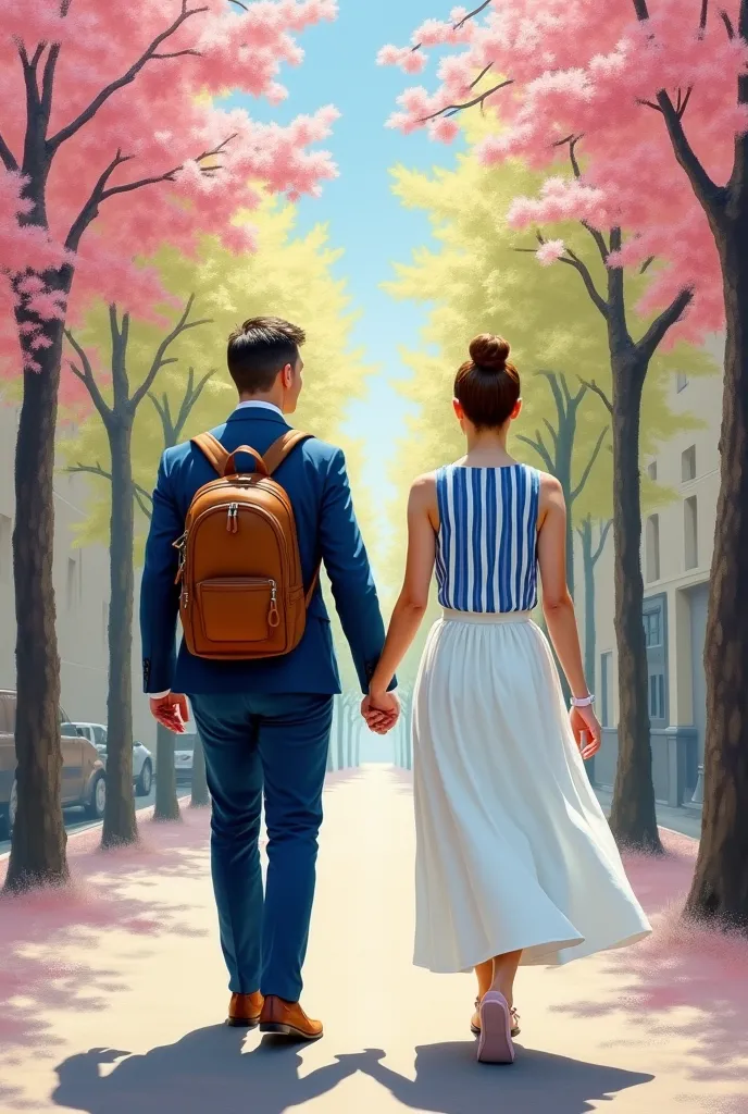 a tint oil painting, in light hot colored (white, pink, blue, lemon green and yellow) of a couple of Jehovah's witnesses walking...
