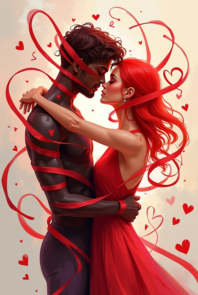 Design an abstract couple figure wrapped in swirling hearts and ribbons, featuring the phrase "amor, quero abraçar você" integra...