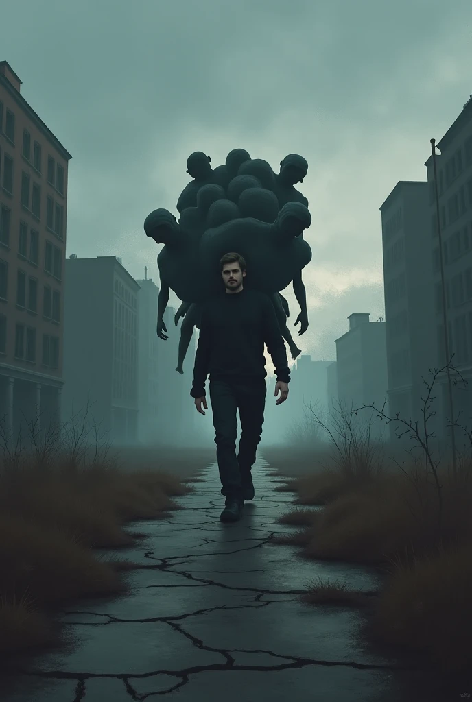 A digital painting in a dark, symbolic, painterly style inspired by modern realism. A person walks alone on a cracked path throu...