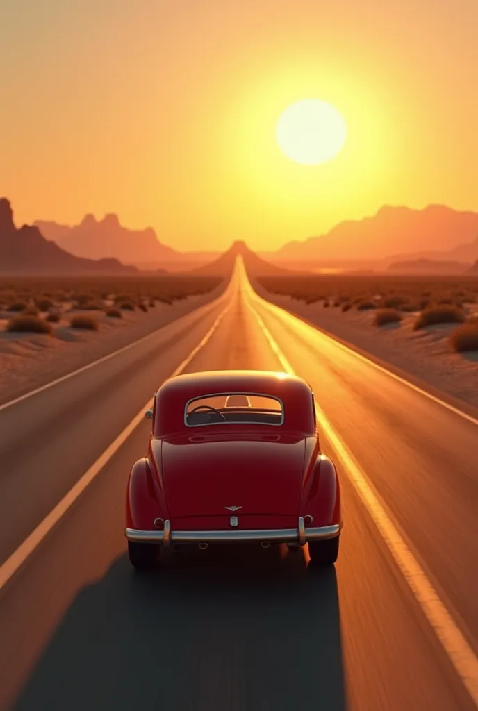 A vintage red car driving on a long, empty desert highway at sunset, ultra-realistic style. The sun is large and low on the hori...