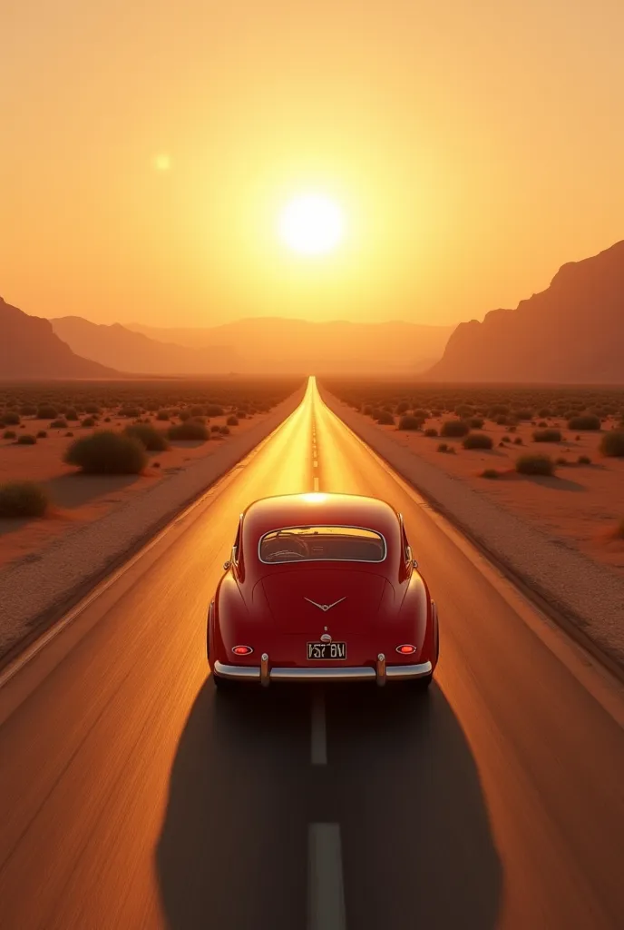 A vintage red car driving on a long, empty desert highway at sunset, ultra-realistic style. The sun is large and low on the hori...