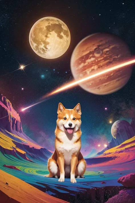 bold colors, fantasy and whimsical. dog's confident expression、惑starに満ちたダイナミックな背景に囲まれています, star, そしてカラフルなstar雲, to complement 、...