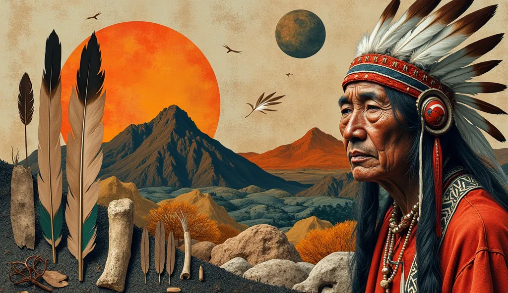 Imagine a modern collage that conveys the ancestry of Native Americans. Incorporate textures of feathers, bones, seeds, and leav...
