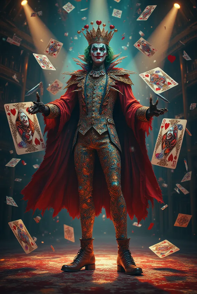 King of Hearts and the Joker、A pattern of a clown laughing with a knife in both hands、 cards are dancing、on stage