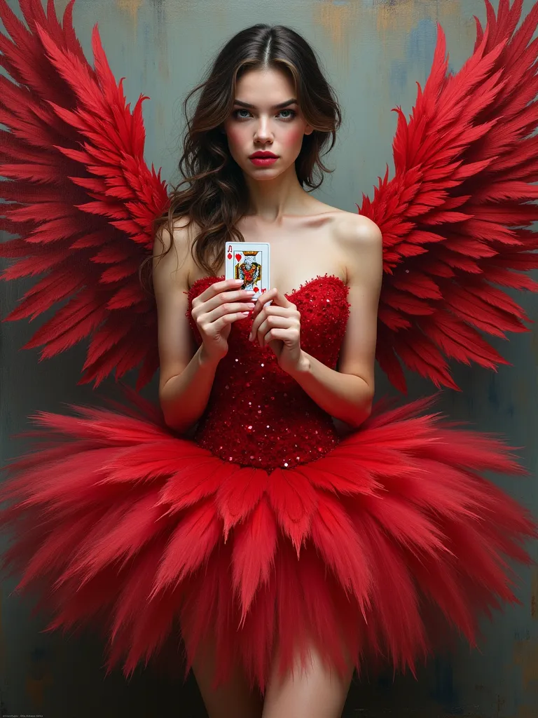 a painting of a woman holding a playing card, modern stylish glamour tutu, inspired by Nicola Samori, red feathered wings, style...